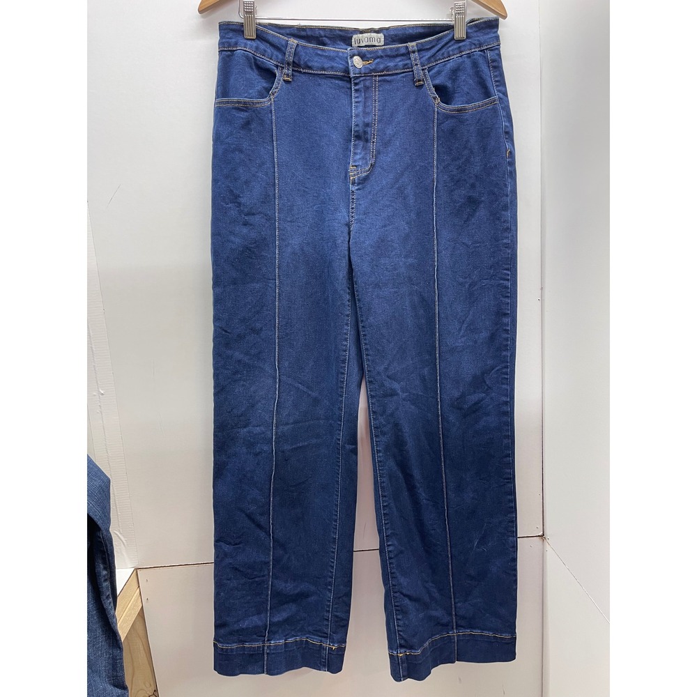 Luvamia Womens Wide Leg Jeans Dark Wash High Waisted Front Seam XL LC7874578